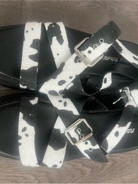 Public Desire Black and White Cow Print Cross Strap Sandals